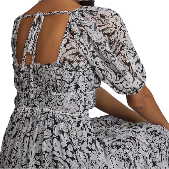 Anthropologie Squareneck Smocked Puff Sleeve Midi Dress Sz M Black White Cottage - Picture 3 of 16